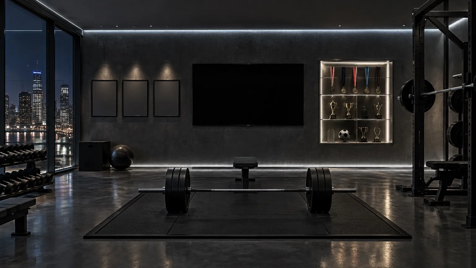 A dark minimal gym at night with a wall screen, three framed photos, a lit trophy case and a loaded barbell
