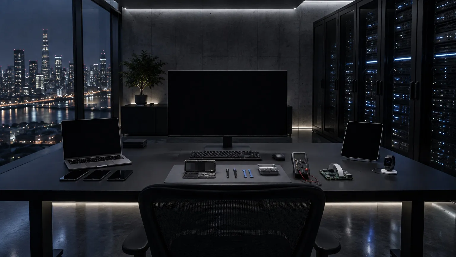 A dark AI development lab at night: a workbench with a monitor, MacBook, iPhones, iPad and Apple Watch, an opened iPhone on a repair mat with tweezers and pry tools, a multimeter and a dev board, beside a wall of server racks